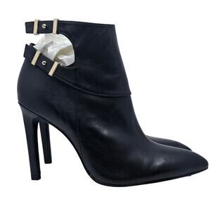 Guess Thora Black Leather Ankle Booties Buckles Cut Out Stiletto SZ 8.5